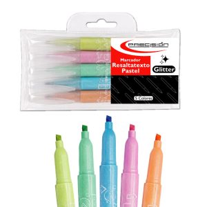 MARCADOR RESALTATEXTO PRECISION PASTEL GLITTER SET* 5 COLORES
